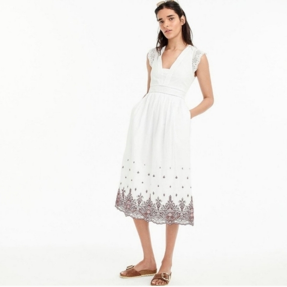NWT J. Crew Point Sur white and burgundy embroidered midi dress size 6 flaw - Picture 1 of 10